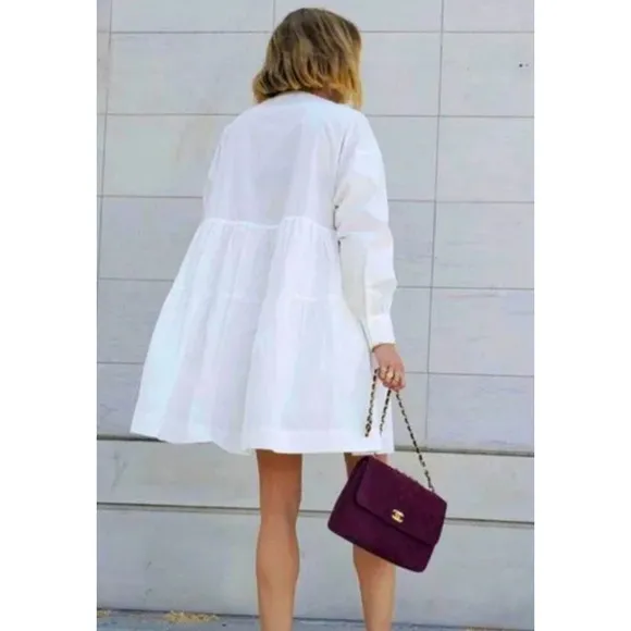 NEW! Anine Bing L Addison Cotton Babydoll Shirt Dress  Poplin Long Sleeves White