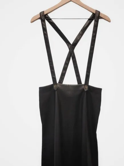 NEW Anthropologie Black Faux Leather Overalls Pinafore Skirt - Size 8