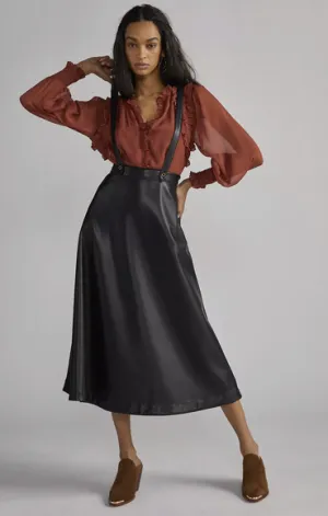 NEW Anthropologie Black Faux Leather Overalls Pinafore Skirt - Size 8