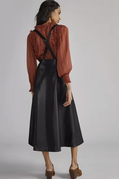 NEW Anthropologie Black Faux Leather Overalls Pinafore Skirt - Size 8