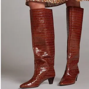 NEW Anthropologie Silent D Tonars Kitten-Heeled Boots Brown Faux Croc