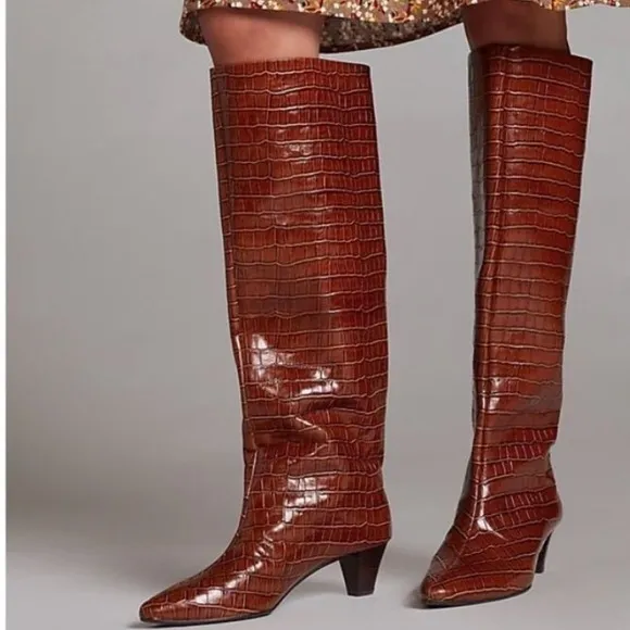 NEW Anthropologie Silent D Tonars Kitten-Heeled Boots Brown Faux Croc