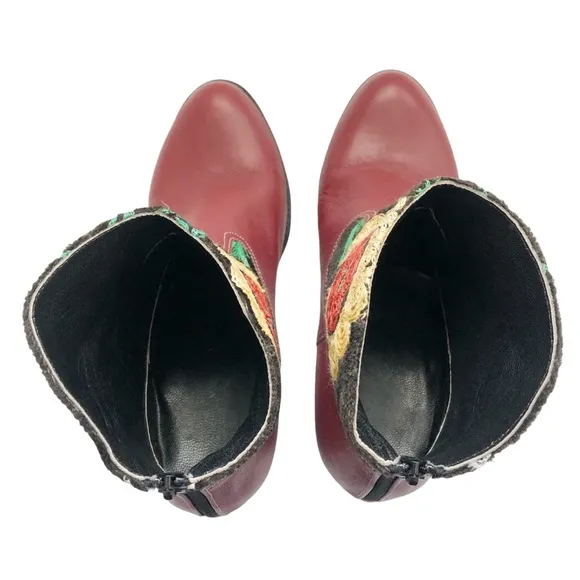 New Artemis Handmade Brick Red Leather Floral Embroidered Short Cowboy Boots