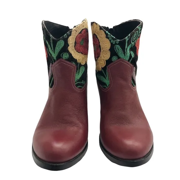 New Artemis Handmade Brick Red Leather Floral Embroidered Short Cowboy Boots