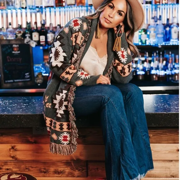 New Aztec Print Western Cardigan Long Sweater