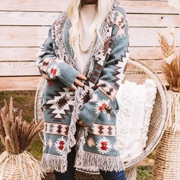 New Aztec Print Western Cardigan Long Sweater