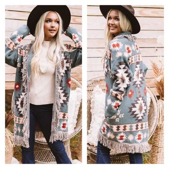 New Aztec Print Western Cardigan Long Sweater