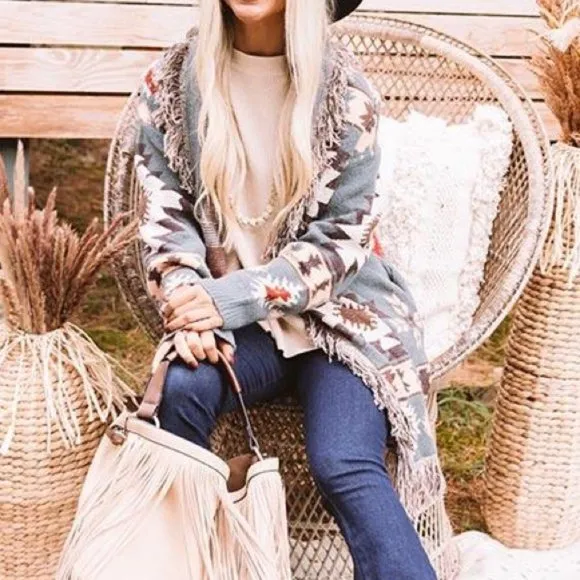 New Aztec Print Western Cardigan Long Sweater