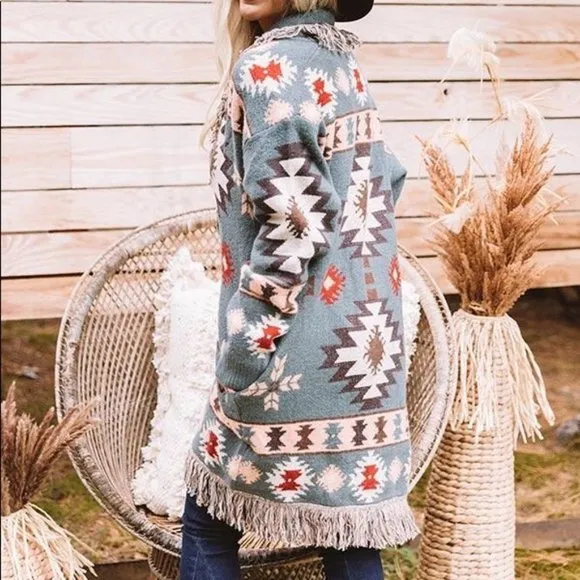 New Aztec Print Western Cardigan Long Sweater