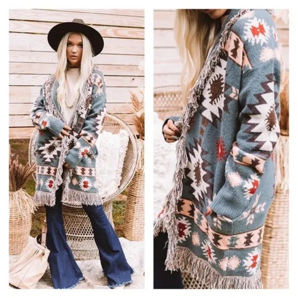 New Aztec Print Western Cardigan Long Sweater
