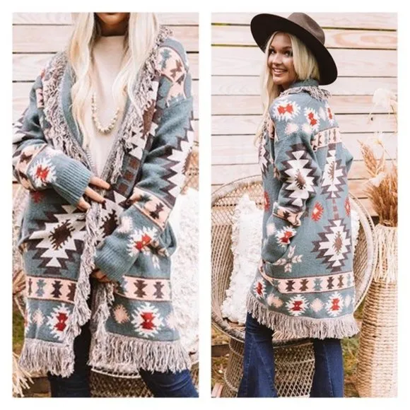 New Aztec Print Western Cardigan Long Sweater