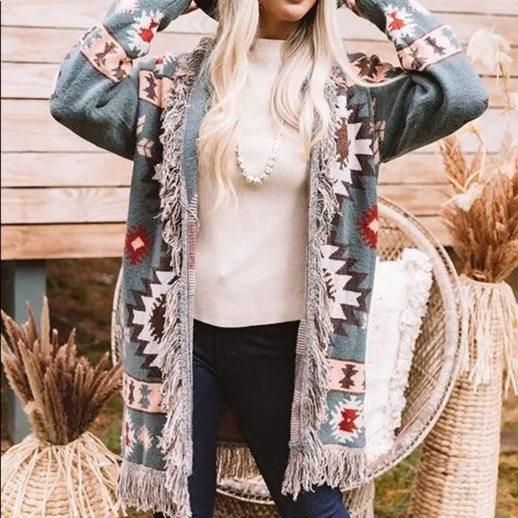 New Aztec Print Western Cardigan Long Sweater