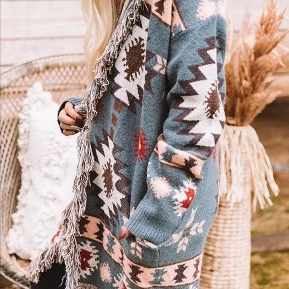New Aztec Print Western Cardigan Long Sweater