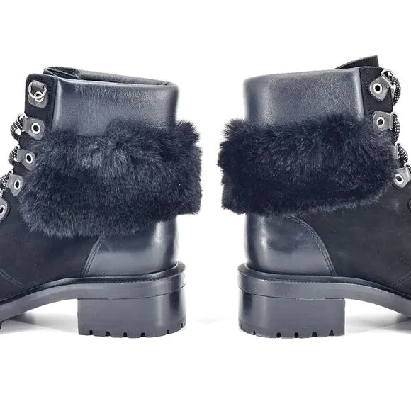 New Botkier Madigan Suede Leather Faux Fur Black Hiking Boots Womens Size 5.5