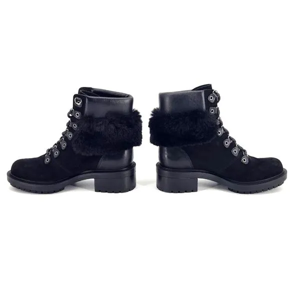 New Botkier Madigan Suede Leather Faux Fur Black Hiking Boots Womens Size 5.5