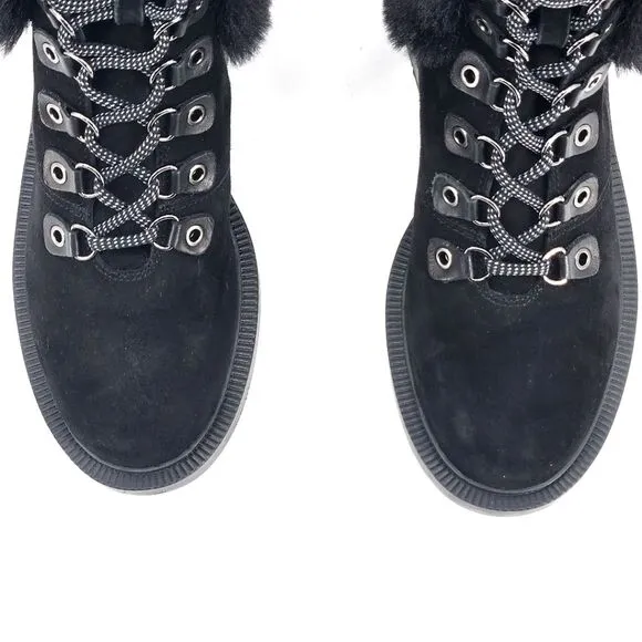New Botkier Madigan Suede Leather Faux Fur Black Hiking Boots Womens Size 5.5