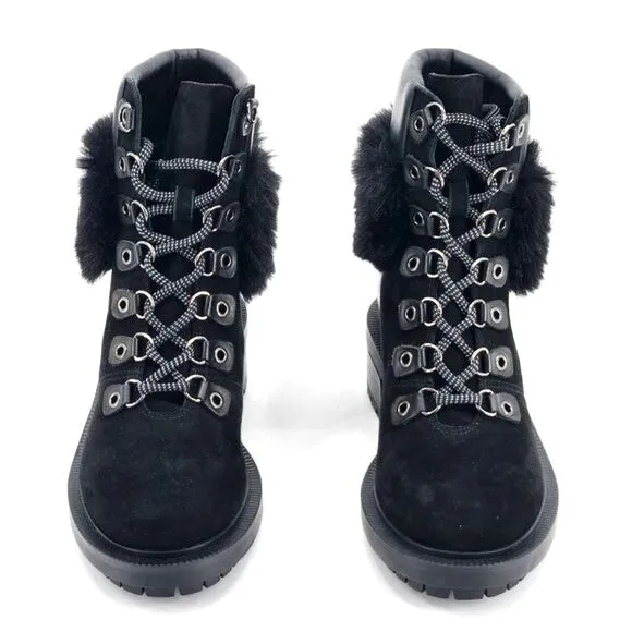 New Botkier Madigan Suede Leather Faux Fur Black Hiking Boots Womens Size 5.5