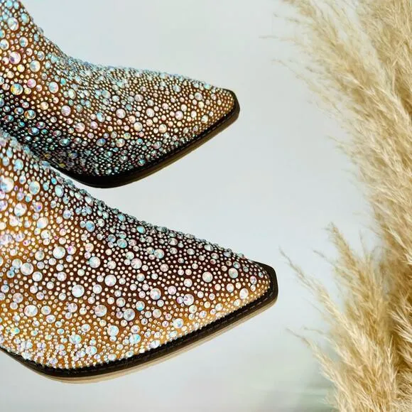 NEW Brown Faux Suede Sequin Glitter Discoball Cowgirl Cowboy Chunk Heel Boot 9.5