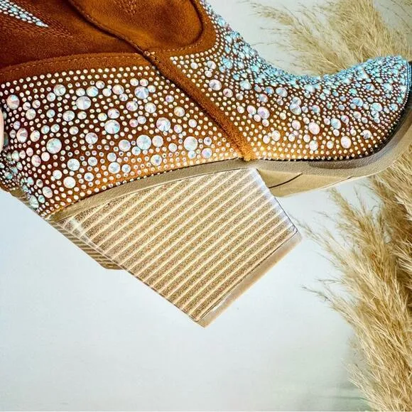 NEW Brown Faux Suede Sequin Glitter Discoball Cowgirl Cowboy Chunk Heel Boot 9.5