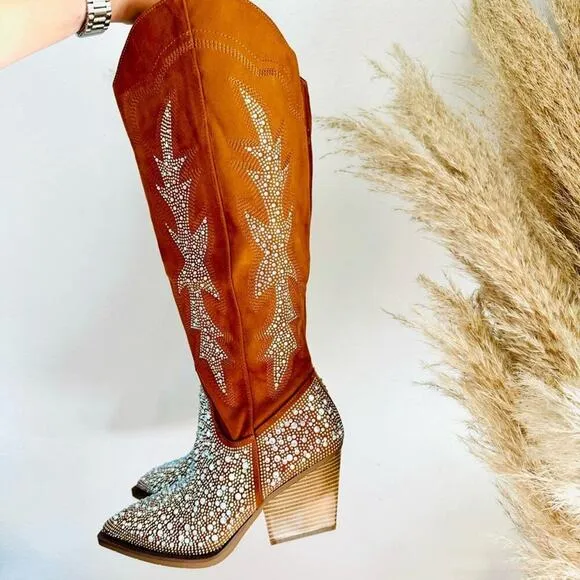 NEW Brown Faux Suede Sequin Glitter Discoball Cowgirl Cowboy Chunk Heel Boot 9.5