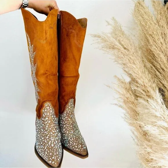 NEW Brown Faux Suede Sequin Glitter Discoball Cowgirl Cowboy Chunk Heel Boot 9.5