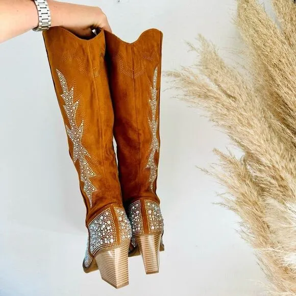 NEW Brown Faux Suede Sequin Glitter Discoball Cowgirl Cowboy Chunk Heel Boot 9.5