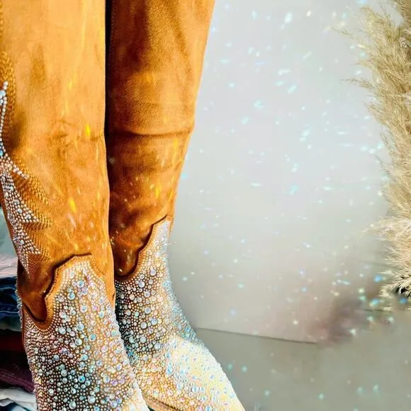 NEW Brown Faux Suede Sequin Glitter Discoball Cowgirl Cowboy Chunk Heel Boot 9.5