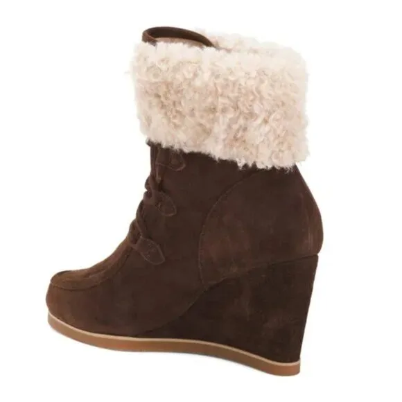 NEW CECELIA NEW YORK Suede North Star Faux Fur Wedge Boots Chestnut 667tn