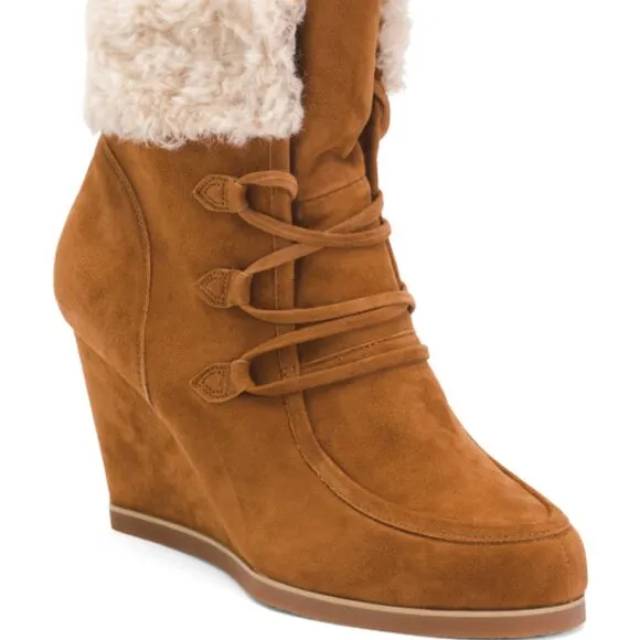 NEW CECELIA NEW YORK Suede North Star Faux Fur Wedge Boots Chestnut 667tn