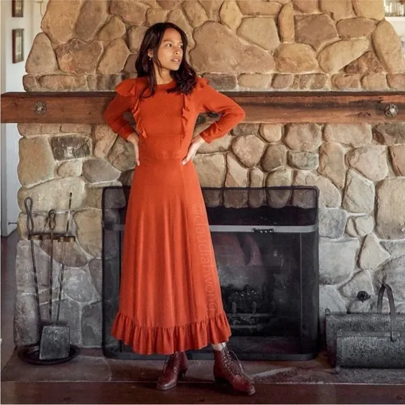 New Christy Dawn The Mabel Dress in Crinkle Rust XS Long Sleeved Maxi