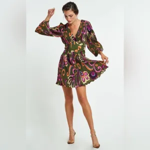 NEW Ciebon Printed Micro Pleat Long Sleeve Dress in Green Multi