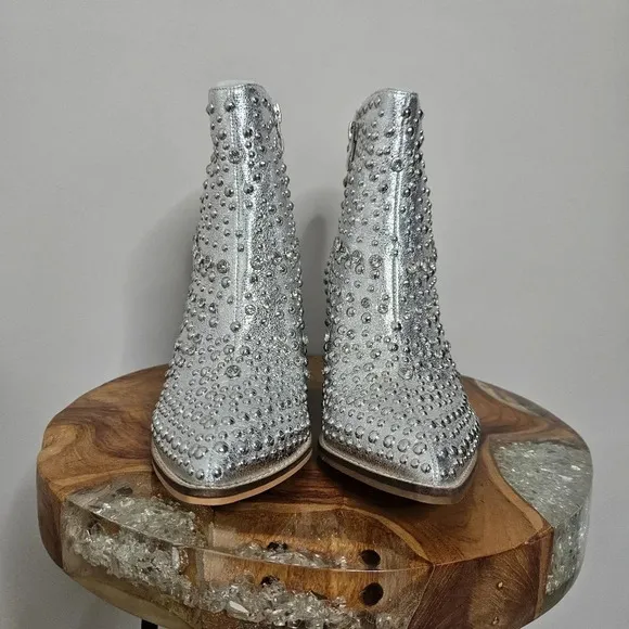 New Corkys Line Dance Silver Metallic Studded Crystal Western Ankle Boots