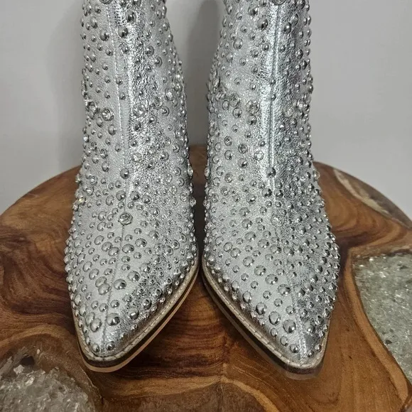 New Corkys Line Dance Silver Metallic Studded Crystal Western Ankle Boots