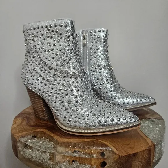 New Corkys Line Dance Silver Metallic Studded Crystal Western Ankle Boots