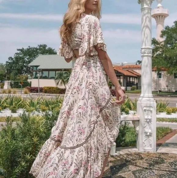 New Cut Out Summer Festival Floral Ruffle Dress Off White Pink Purple