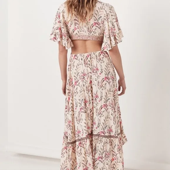 New Cut Out Summer Festival Floral Ruffle Dress Off White Pink Purple