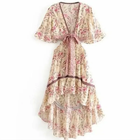 New Cut Out Summer Festival Floral Ruffle Dress Off White Pink Purple