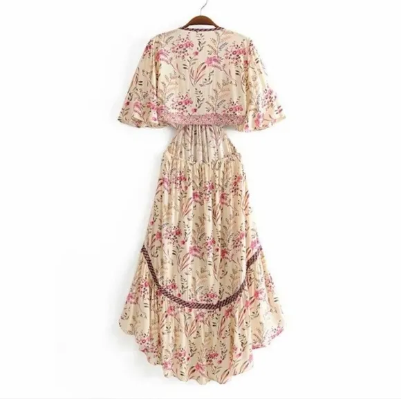 New Cut Out Summer Festival Floral Ruffle Dress Off White Pink Purple
