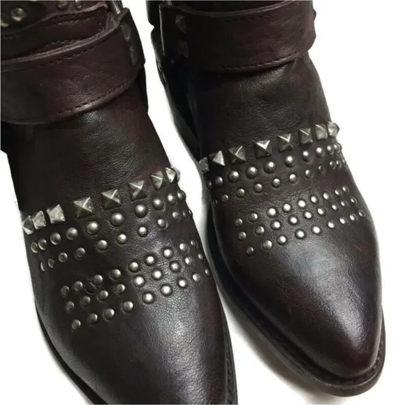 New Frye Billy Biker Short Studded Brown Leather Harness Moto Boots Size 5.5