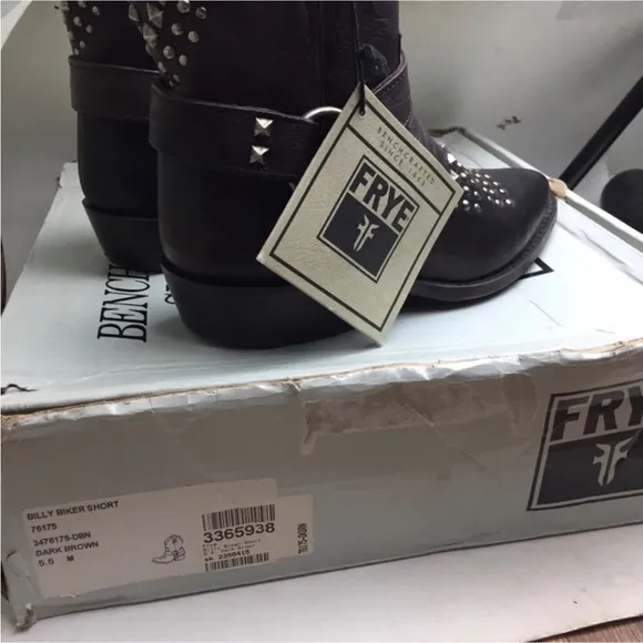 New Frye Billy Biker Short Studded Brown Leather Harness Moto Boots Size 5.5