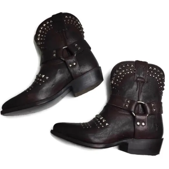 New Frye Billy Biker Short Studded Brown Leather Harness Moto Boots Size 5.5