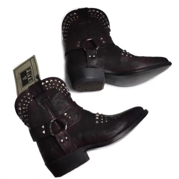 New Frye Billy Biker Short Studded Brown Leather Harness Moto Boots Size 5.5