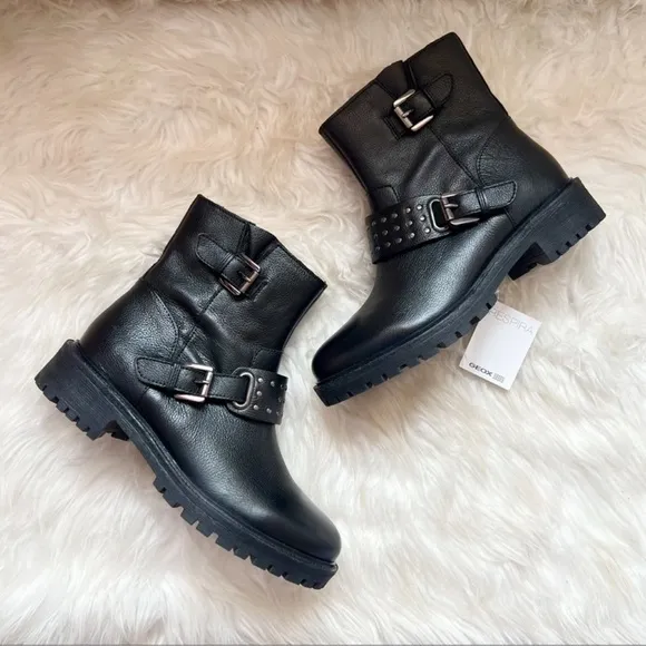 New! GEOX Hoara Studded Leather Moto Boots