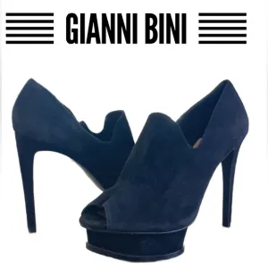 New Gianni Bini Black Suede Open Toe Platform Ankle Boot Heel Size 9.5