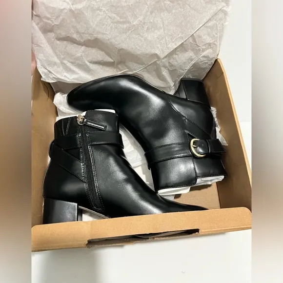 New! J. Crew Factory Heeled Buckle Black Faux Leather Block Heel Boots size 7