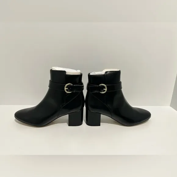 New! J. Crew Factory Heeled Buckle Black Faux Leather Block Heel Boots size 7