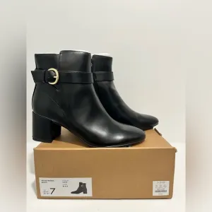 New! J. Crew Factory Heeled Buckle Black Faux Leather Block Heel Boots size 7