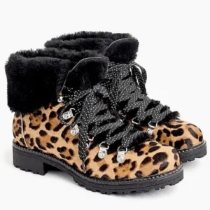 New J.Crew Nordic Leopard Fur Cozy Lace up Winter Boots Size 7