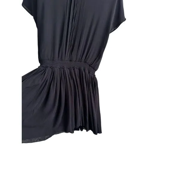 NEW Joie Bryton Pleated Blouson Black Short Sleeve Split V Neck Mini Dress XS