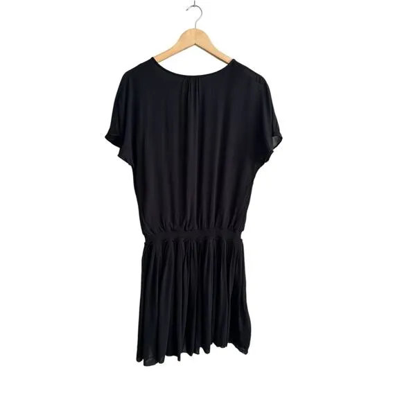 NEW Joie Bryton Pleated Blouson Black Short Sleeve Split V Neck Mini Dress XS